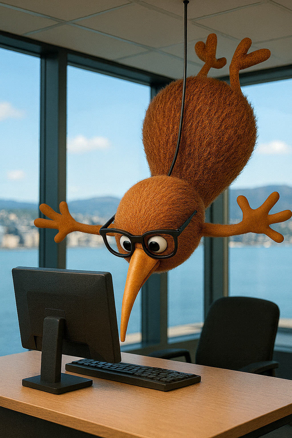 Mission-Impossible kiwi at keyboard